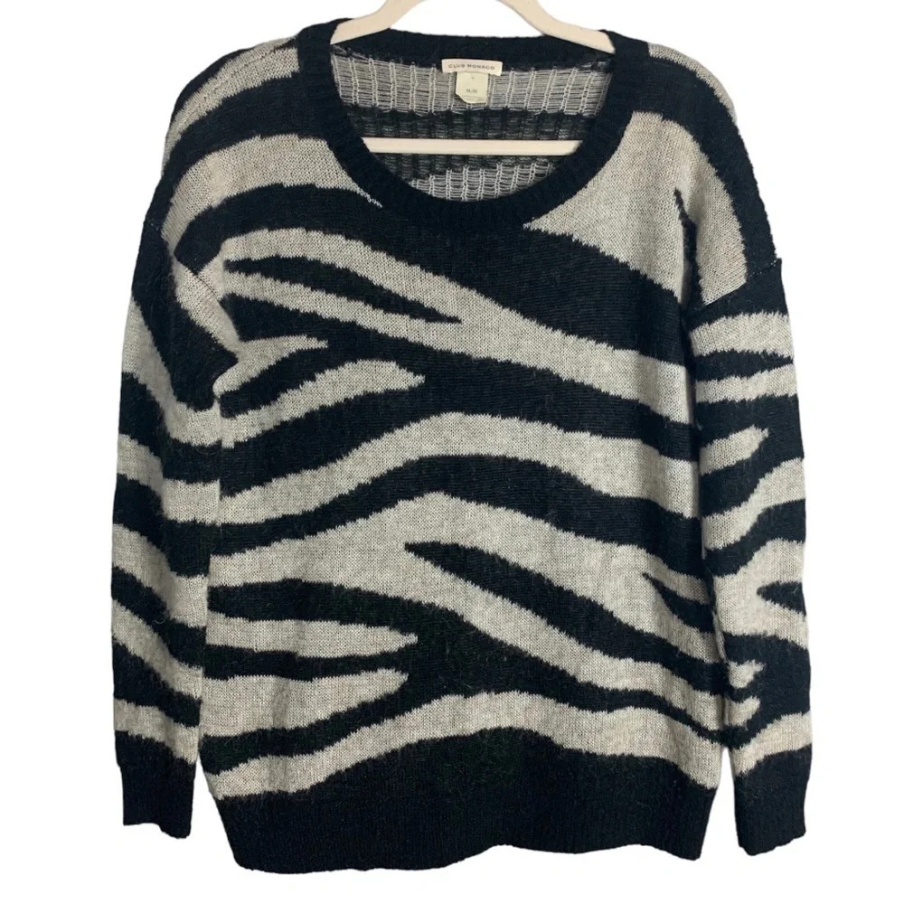 Club Monaco Women’s Mohair Blend Zebra Print Pullover  Sweater Medium David Rose